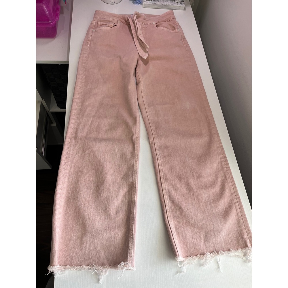 Paige Nellie‎ High Rise Wide Leg Tie Waist Jeans Pink Raw Hem Size 24